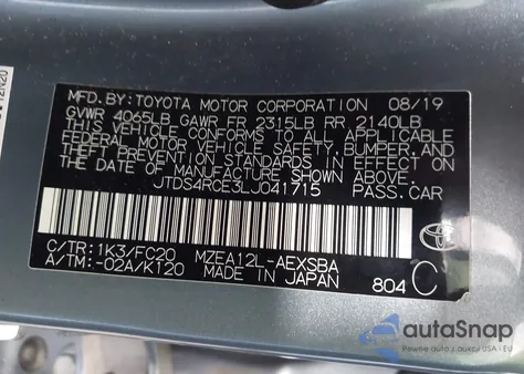 2020 Toyota Corolla Se z USA, uszkodzony, nr VIN JTDS4RCE3LJ041715